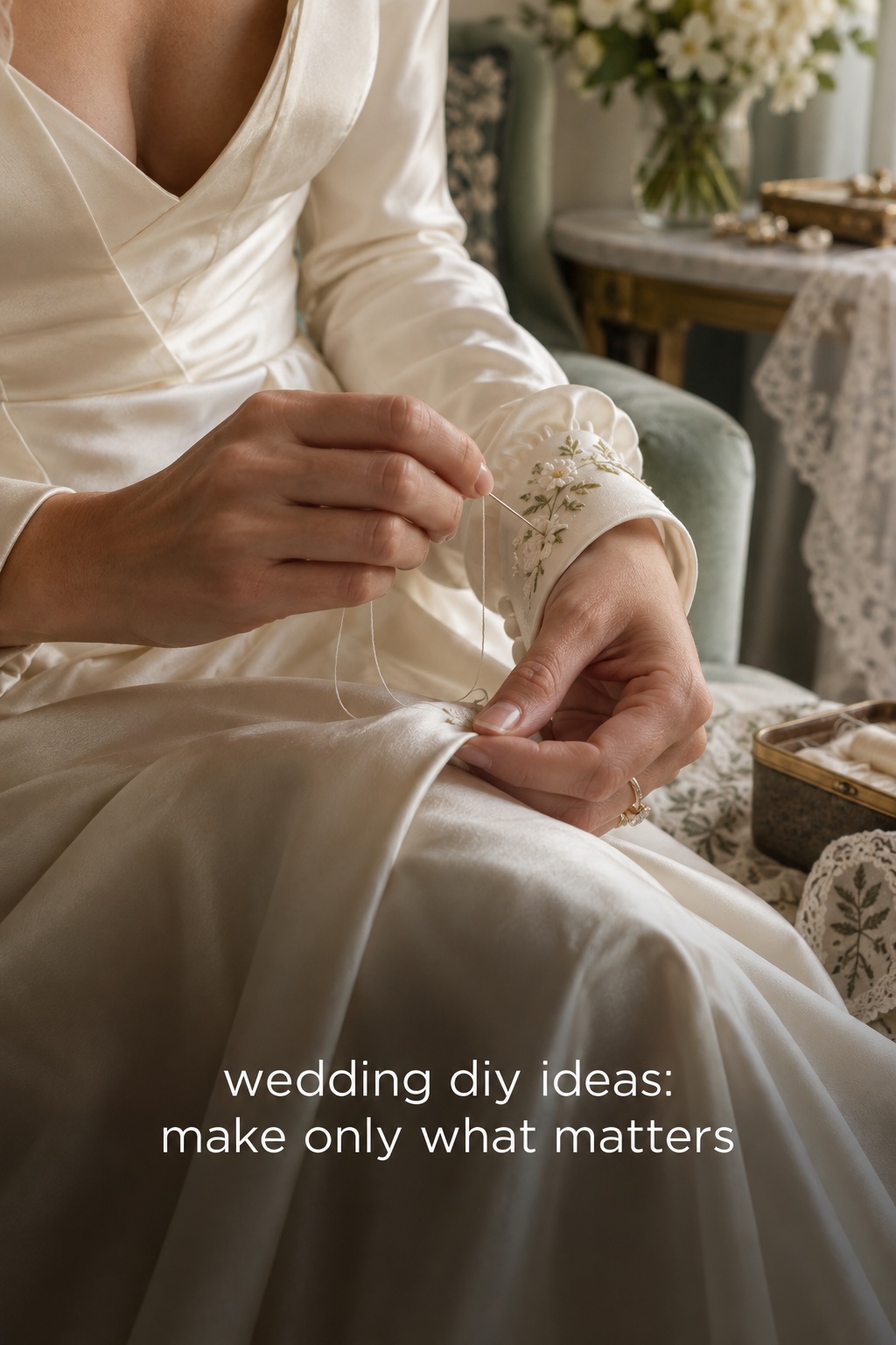 wedding diy ideas with hand-embroidered detail on an ivory gown