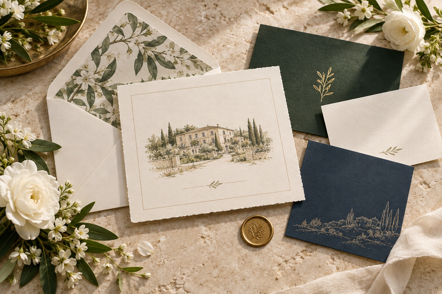 wedding invitation ideas with a botanical invitation suite in green and ivory
