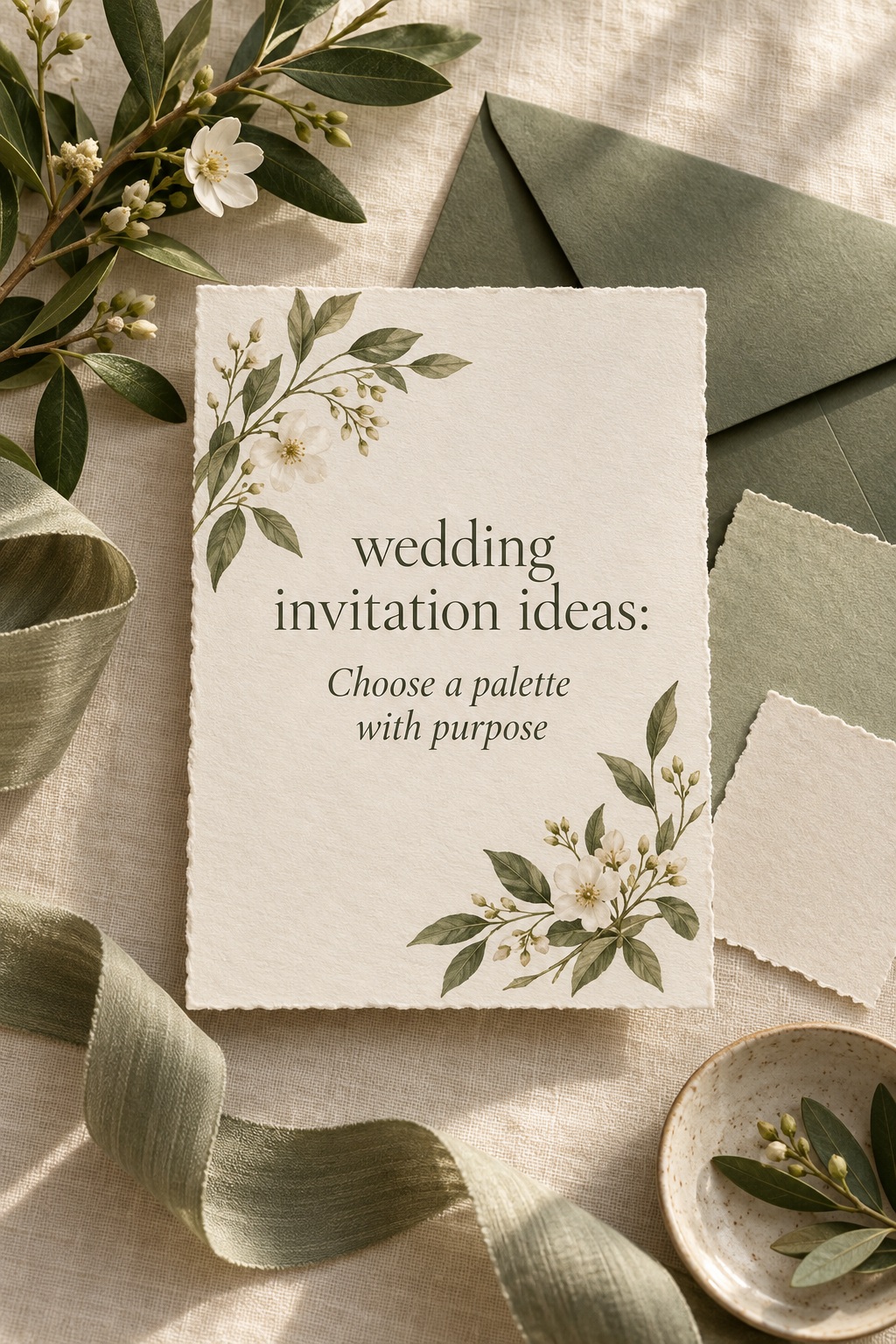 wedding invitation ideas botanical flat lay with cream paper and green envelope