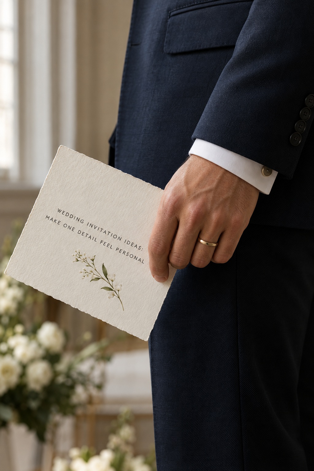 wedding invitation ideas with a formal navy suit cuff and invitation close-up