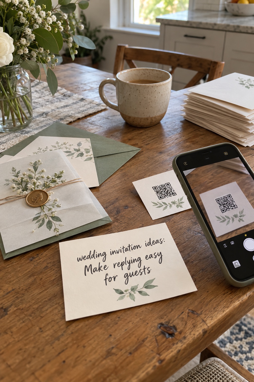 wedding invitation ideas on a candid home table beside a phone and RSVP card
