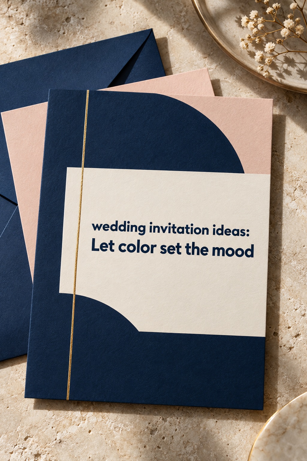 wedding invitation ideas in navy and blush modern color-blocked paper