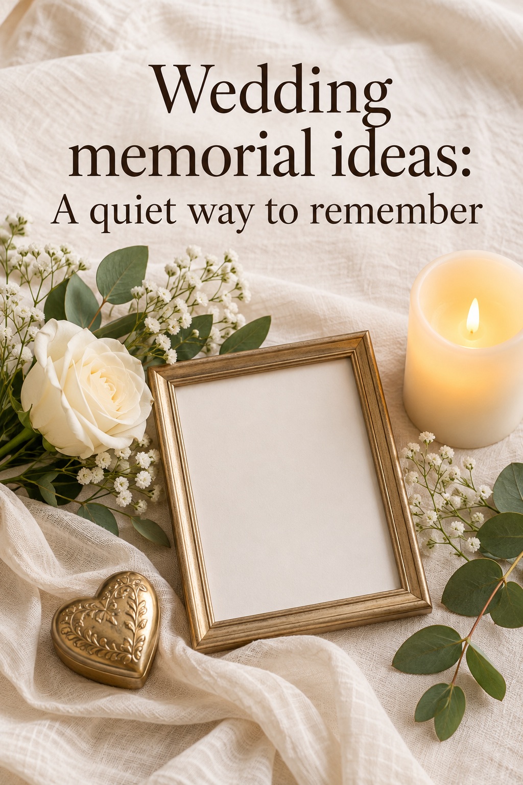 Wedding memorial ideas flat lay with a frame, flower, keepsake and candle