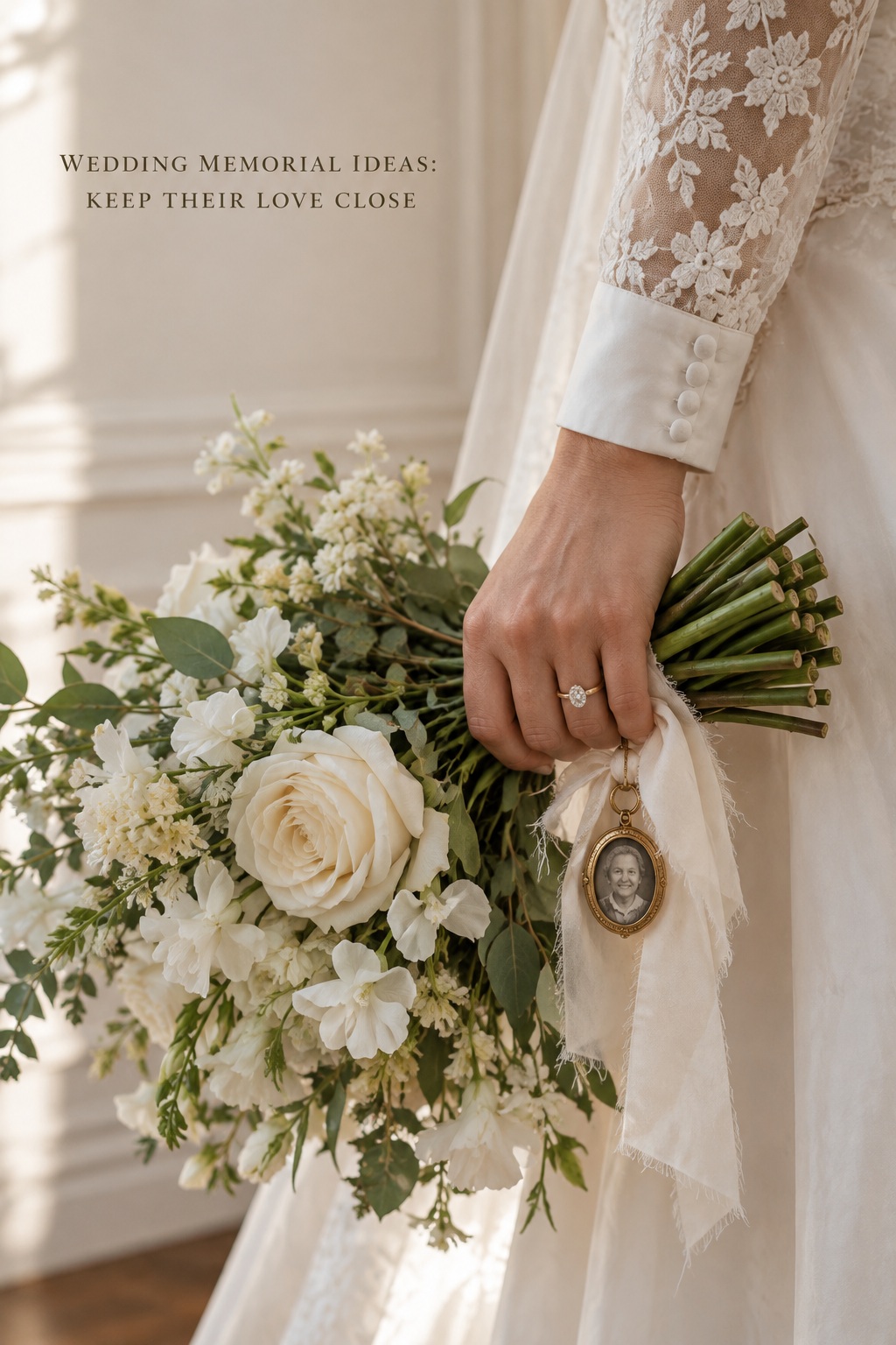 Wedding memorial ideas with a photo locket tied to a bridal bouquet