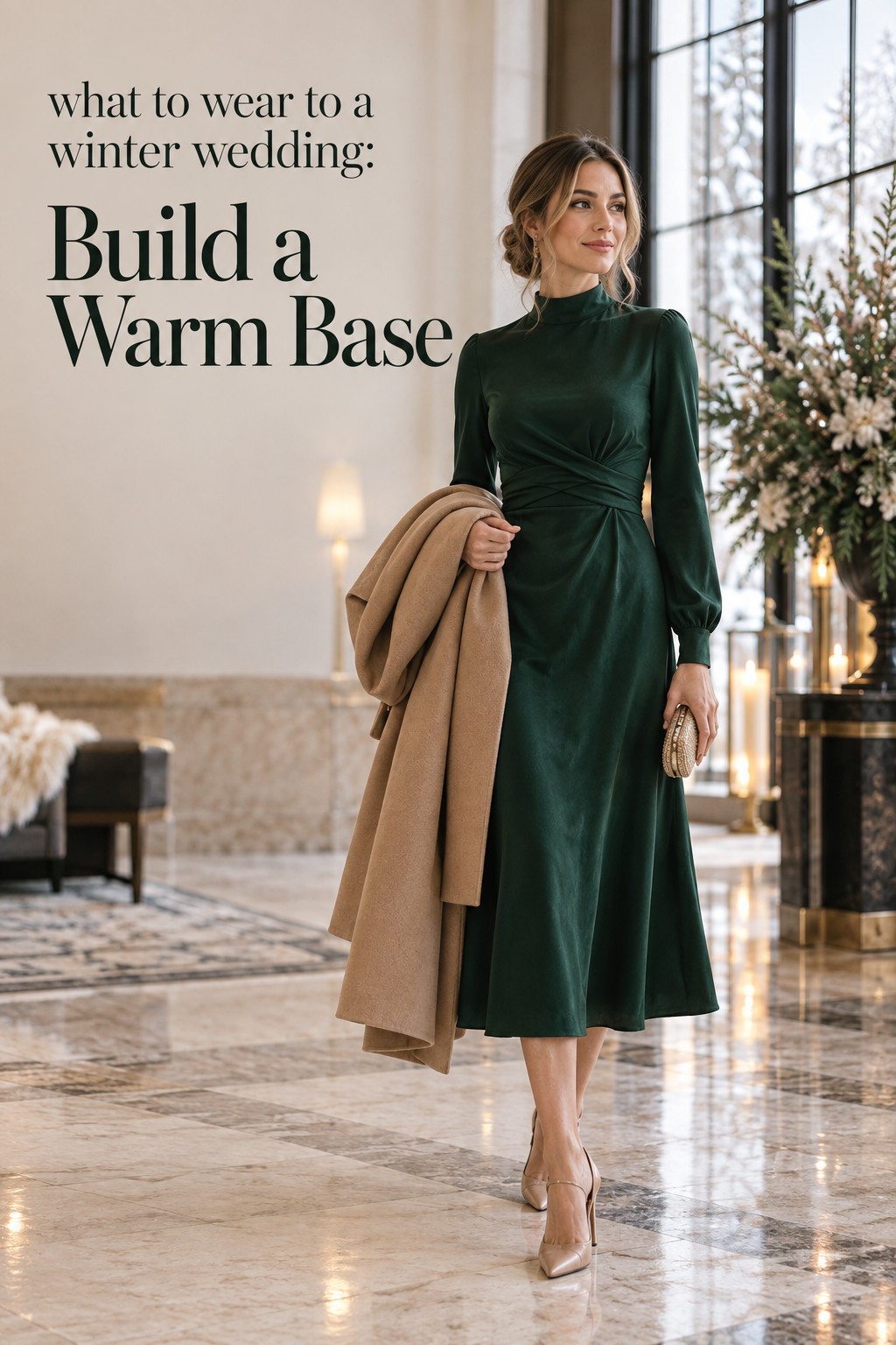 what to wear to a winter wedding guest in emerald dress and wool coat