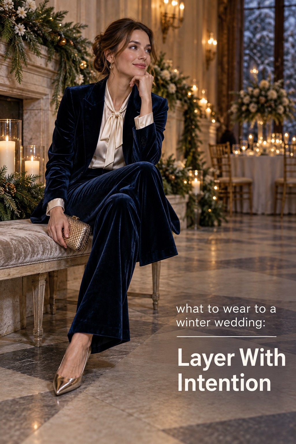 what to wear to a winter wedding guest in navy velvet suit
