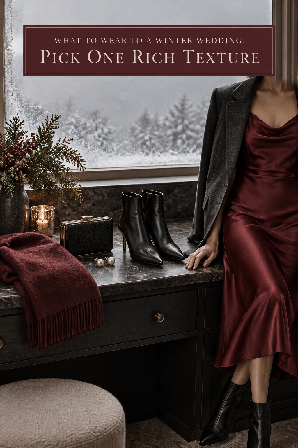 what to wear to a winter wedding guest with burgundy dress and boots