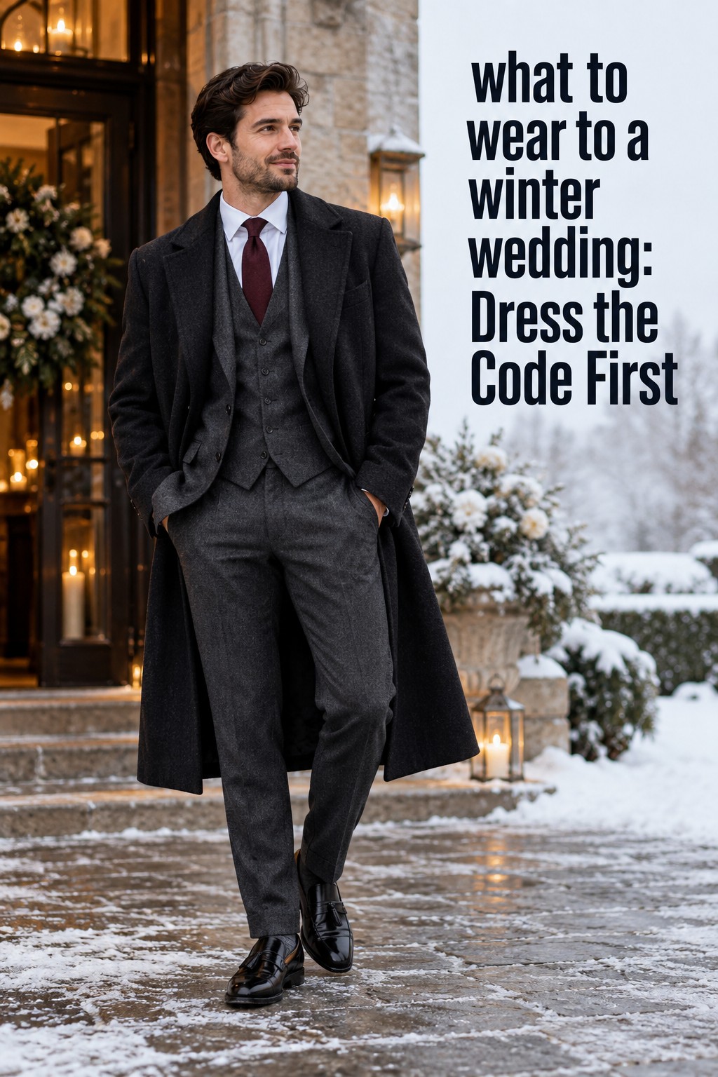 what to wear to a winter wedding guest in charcoal three-piece suit