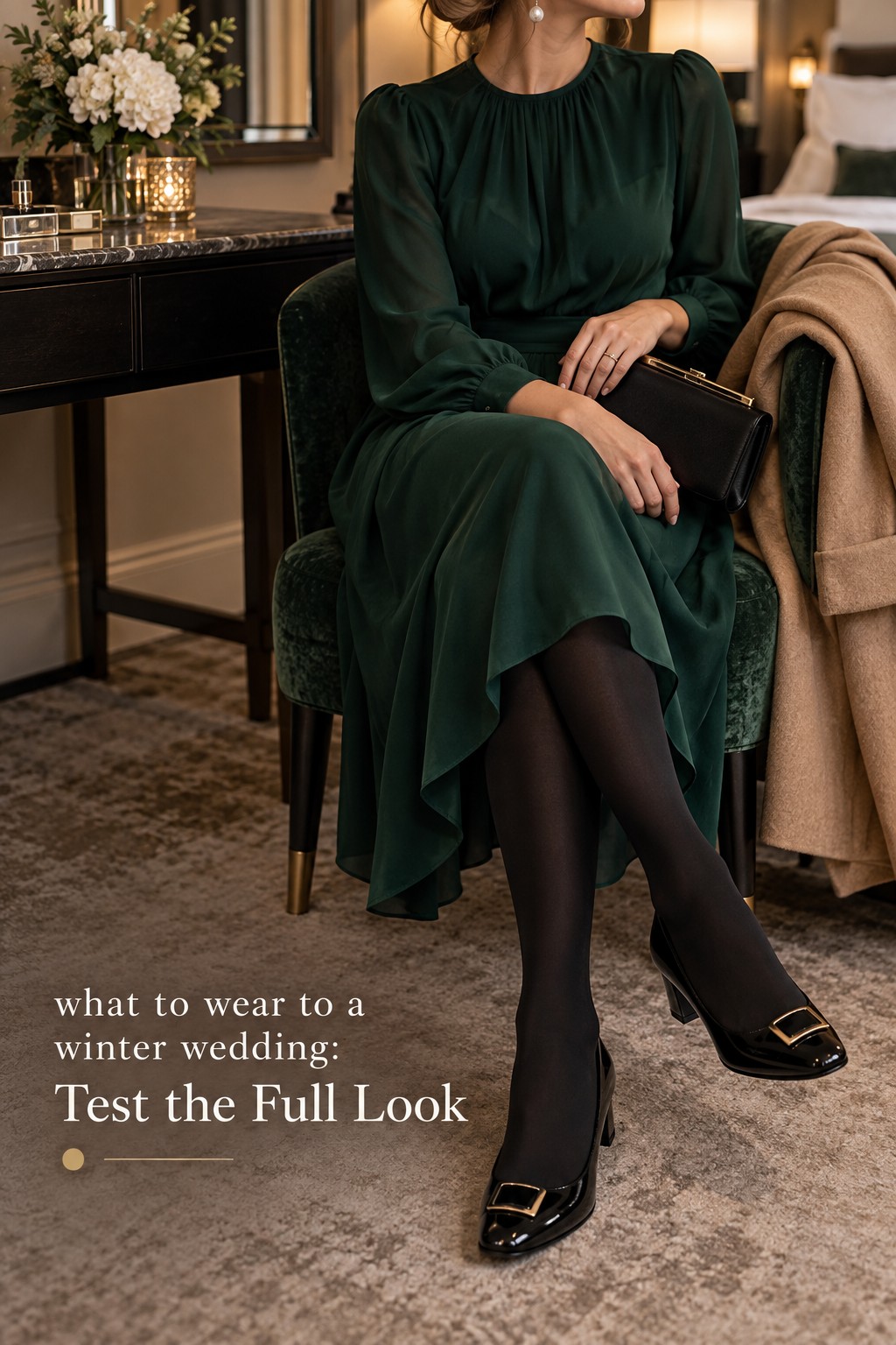 what to wear to a winter wedding guest in emerald dress and tights