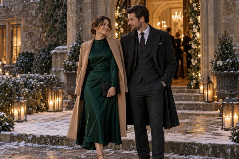 what to wear to a winter wedding guests in emerald dress and charcoal suit