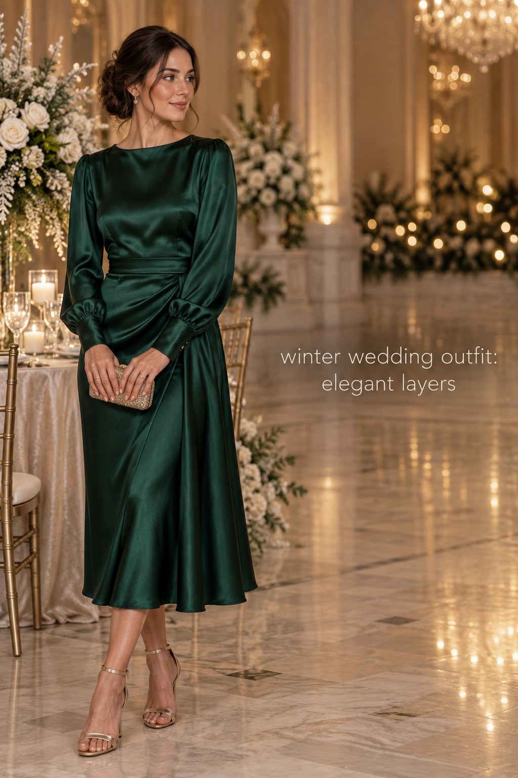 winter wedding outfit emerald satin long sleeve midi dress