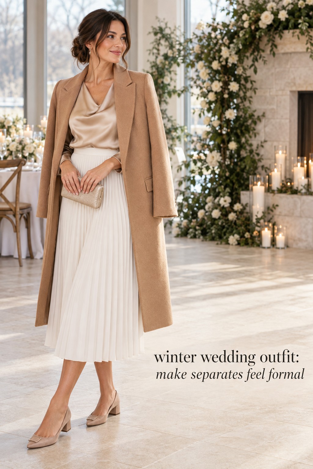 winter wedding outfit champagne blouse pleated skirt coat