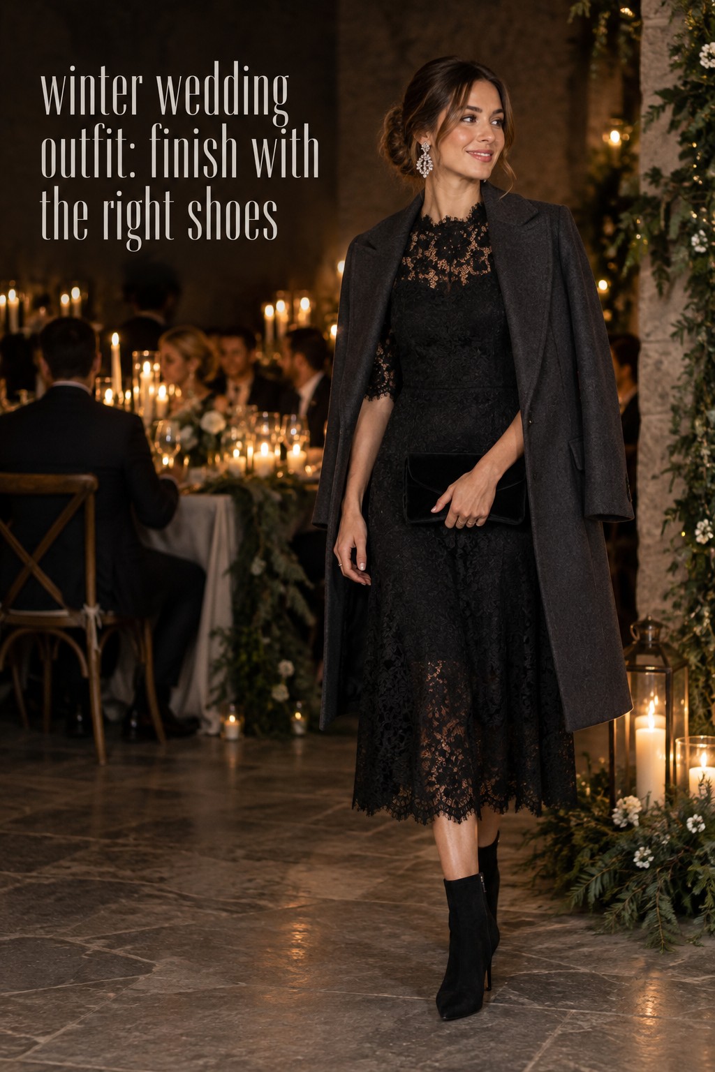 winter wedding outfit black lace midi dress ankle boots