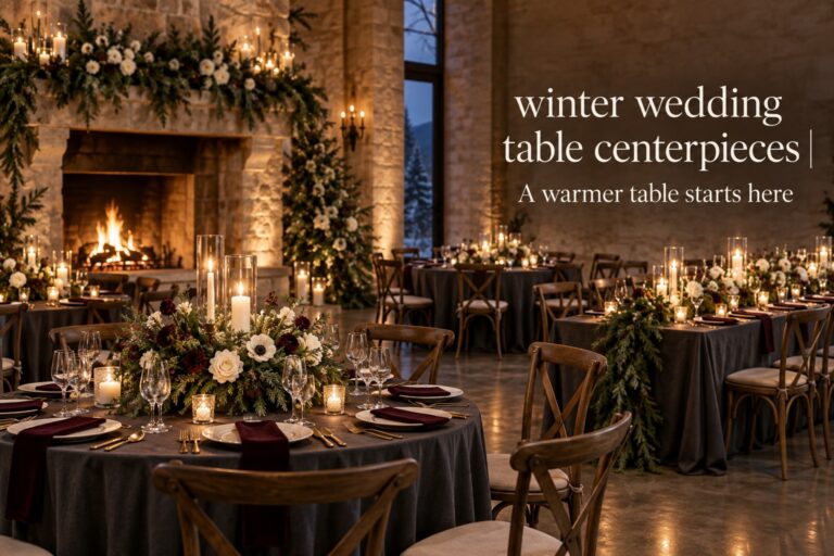 winter wedding table centerpieces across a warm candlelit reception room