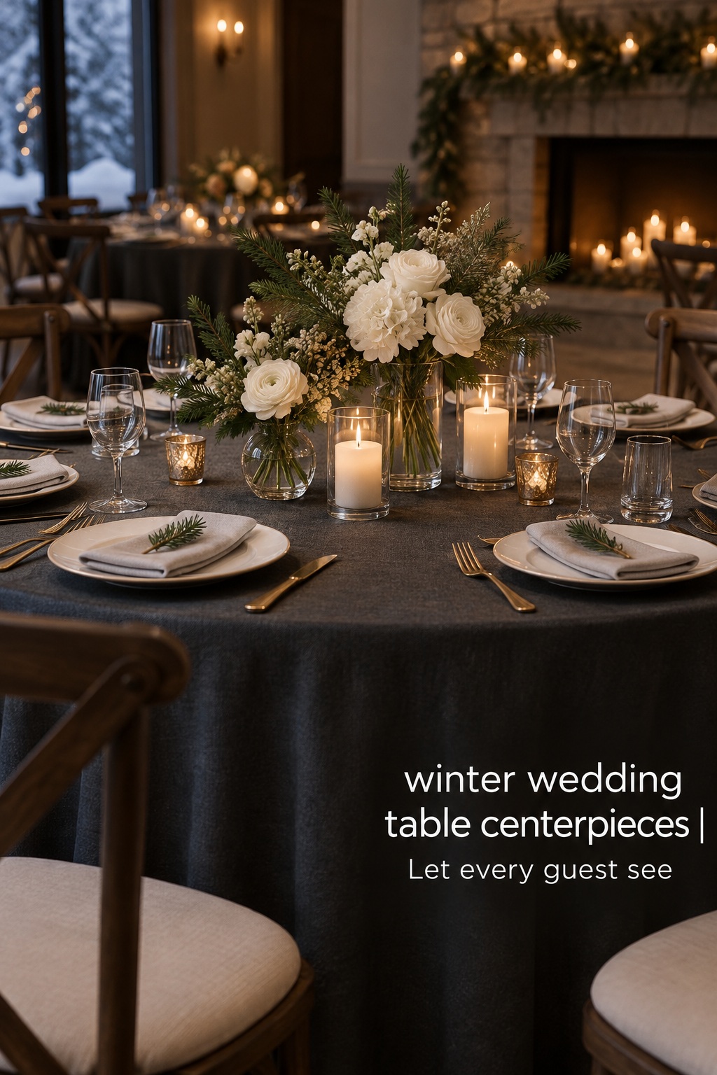 winter wedding table centerpieces with low evergreen and ivory flowers