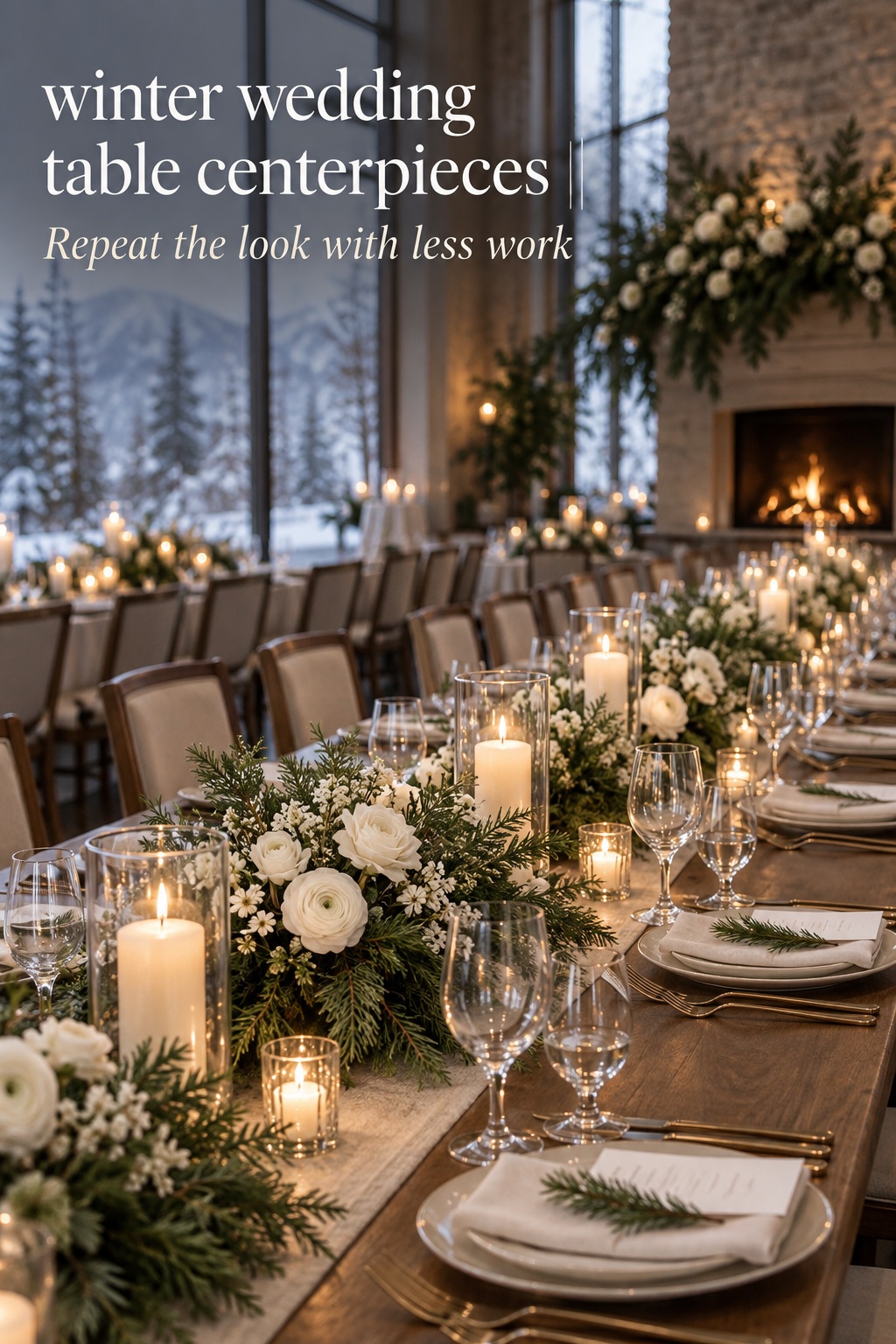 winter wedding table centerpieces repeated along a long banquet table