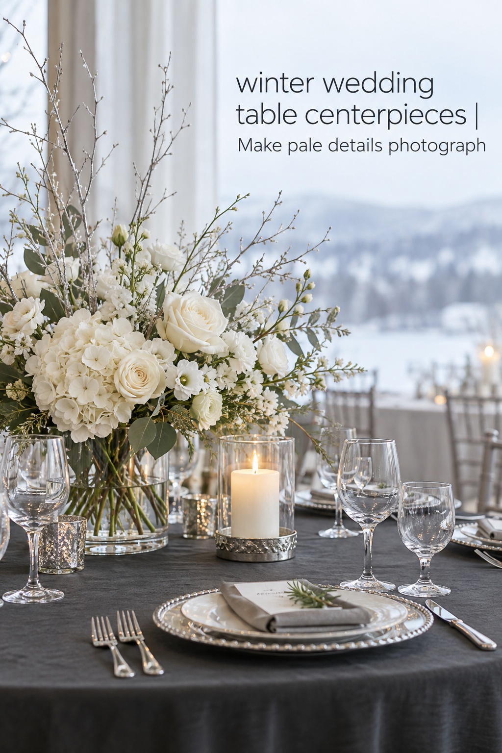 winter wedding table centerpieces with ivory flowers silver branches and glass