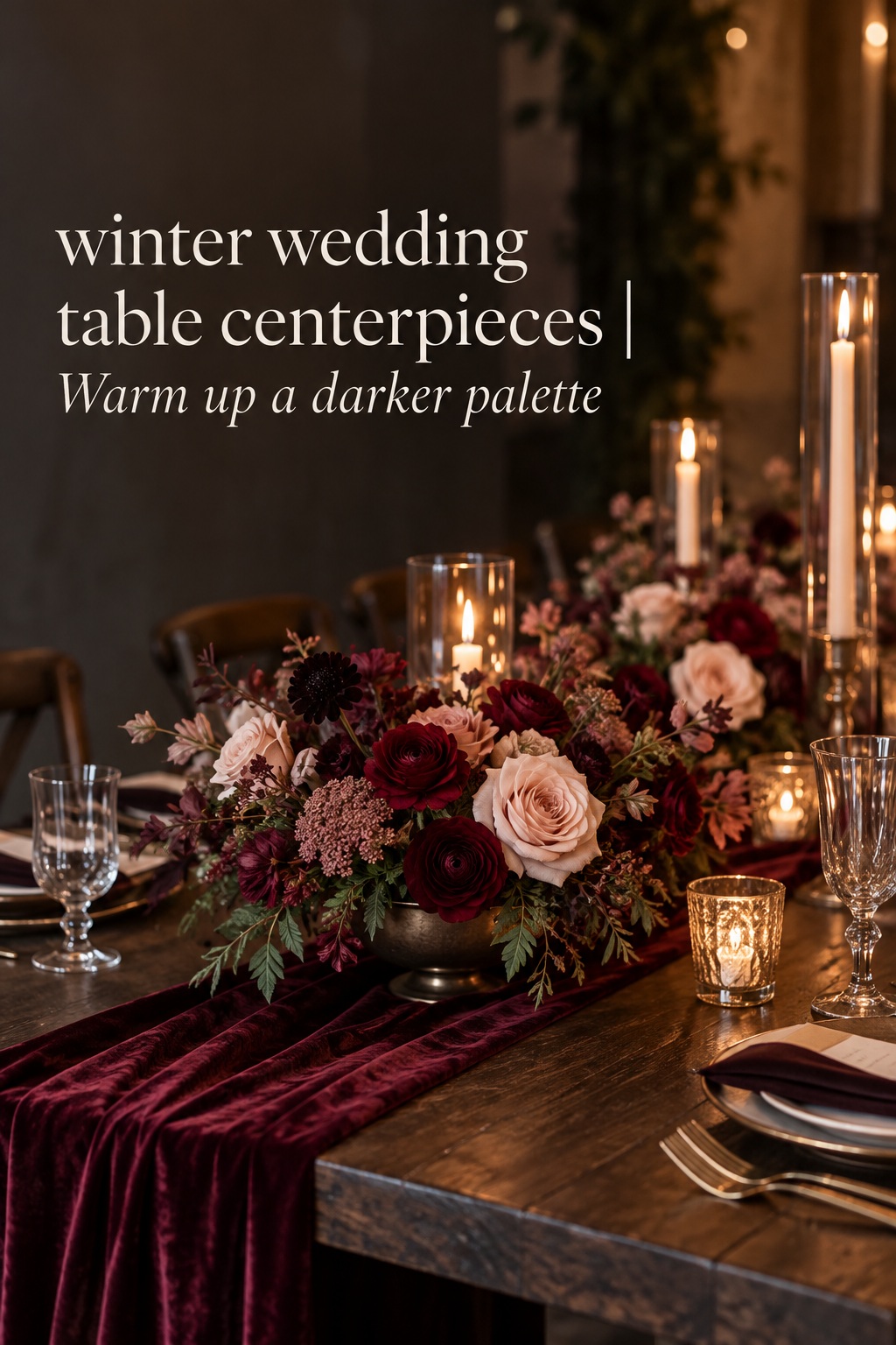 winter wedding table centerpieces with burgundy blush flowers and velvet