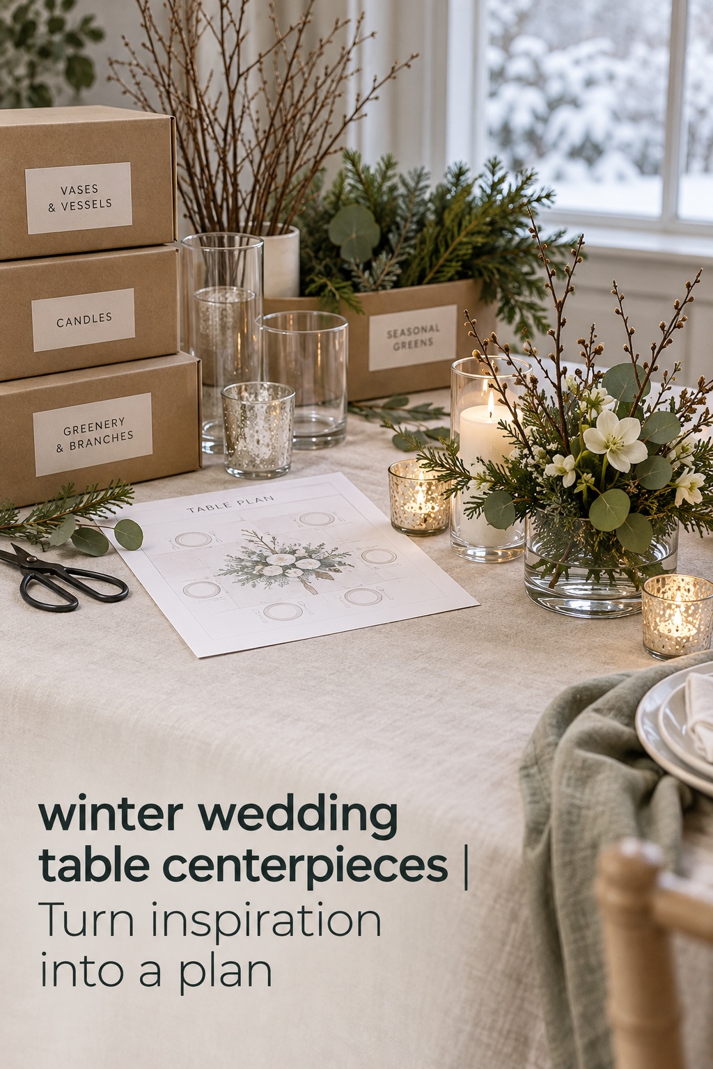 winter wedding table centerpieces setup kit with labeled vessels candles and greenery