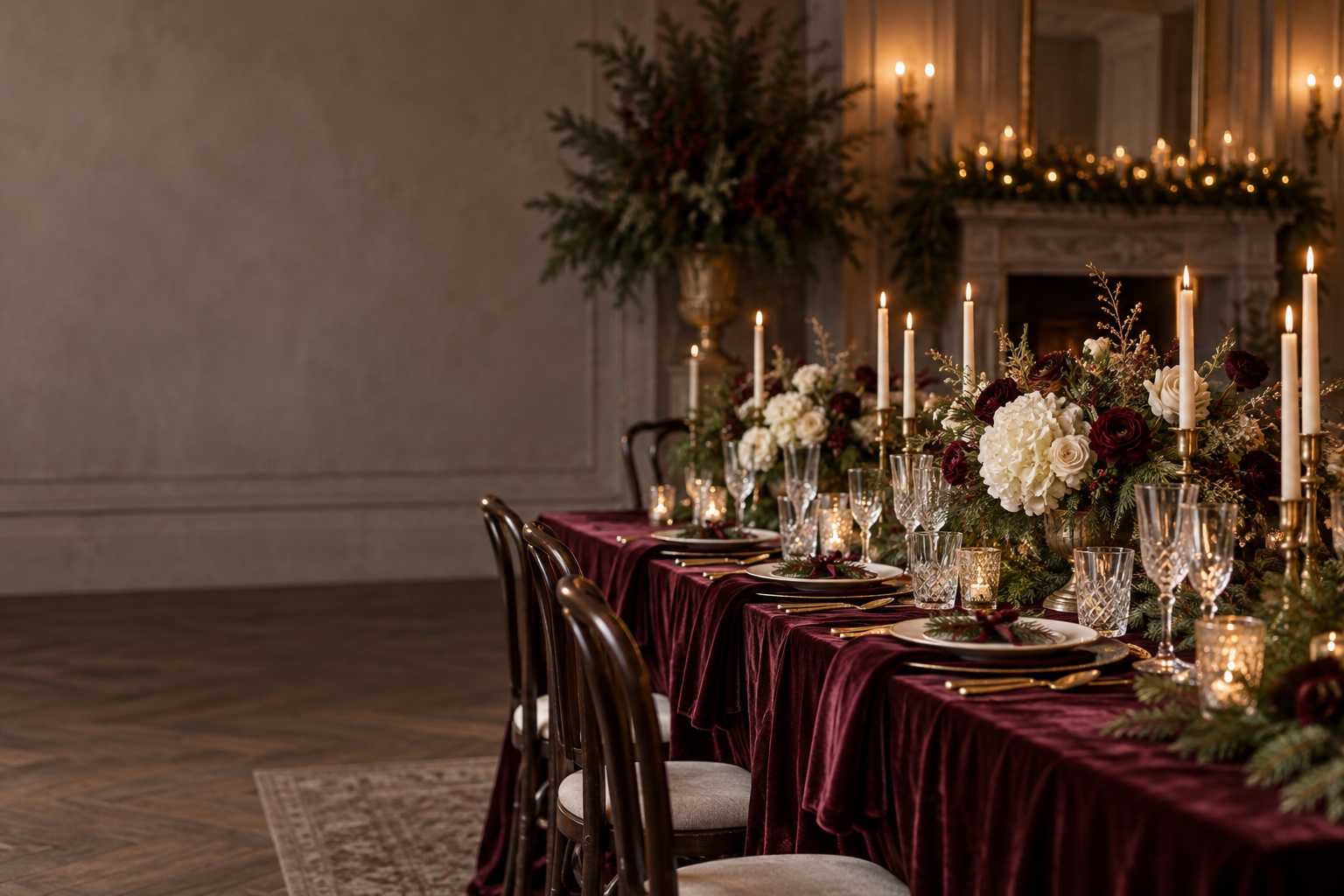 elegant winter wedding table with greenery candles and burgundy accents