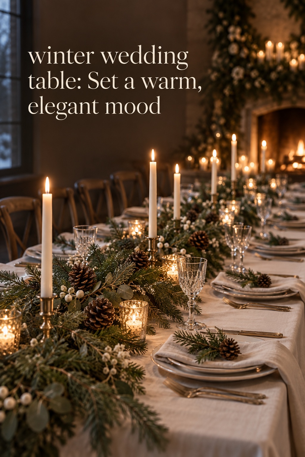 winter wedding table with evergreen garland and warm candlelight