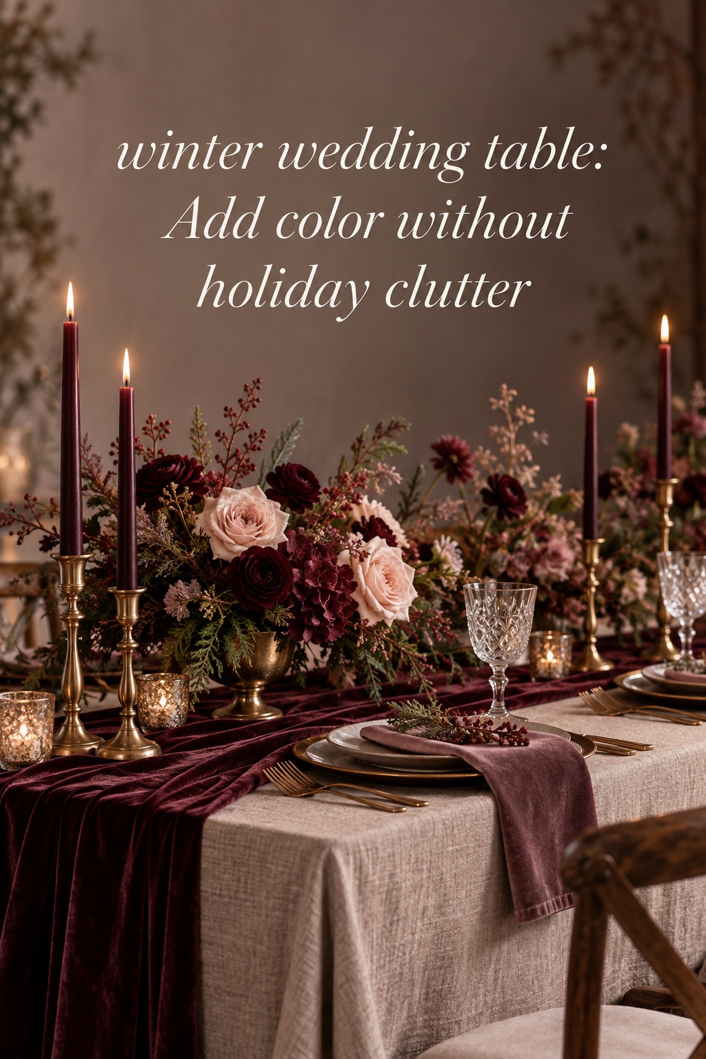 winter wedding table with white flowers and silver branches