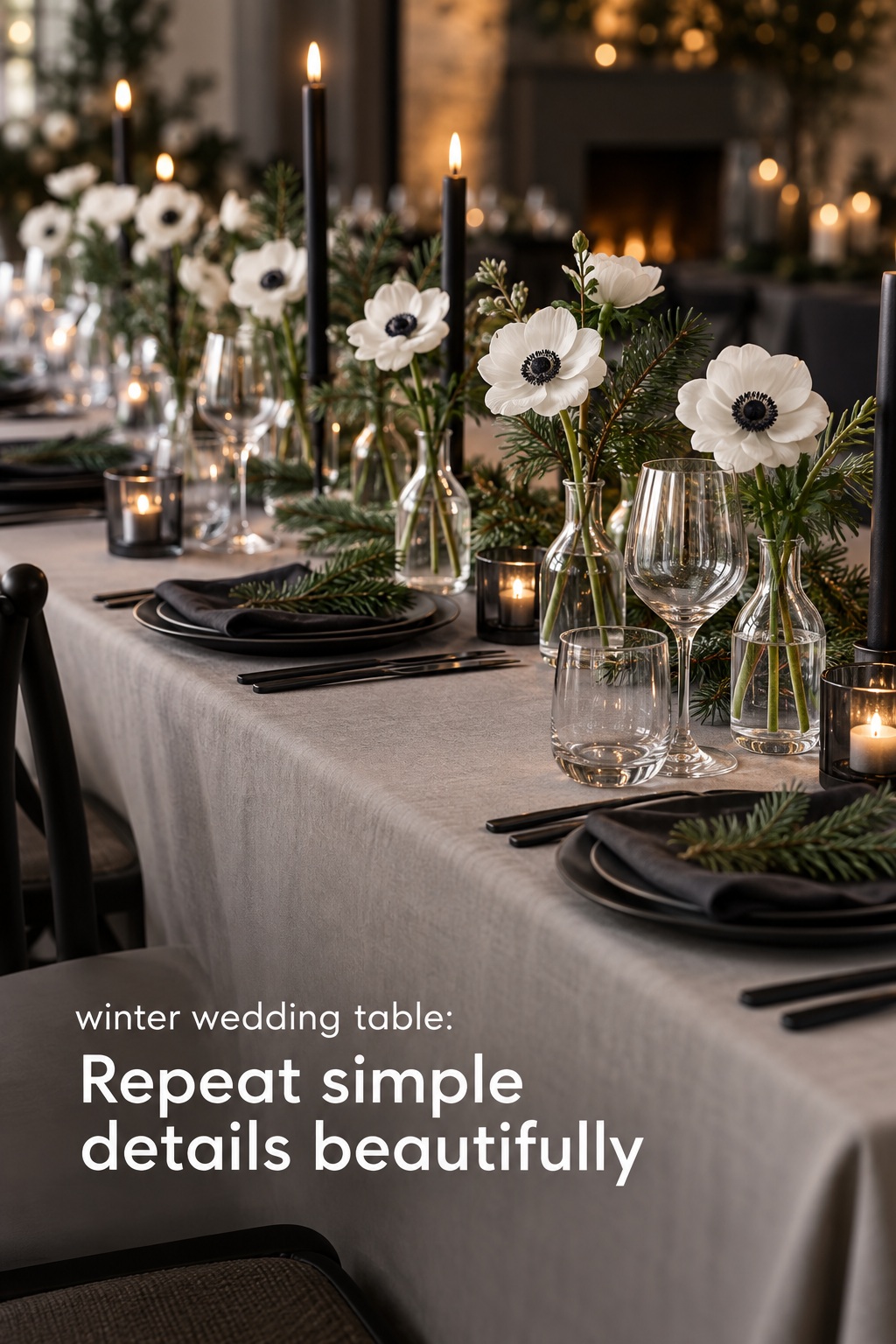 winter wedding table with repeated bud vases and black accents