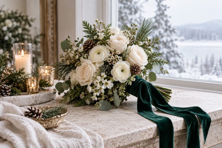 winter bouquet wedding featured still life with ivory roses, ranunculus, pine, cedar, candlelight, and snow