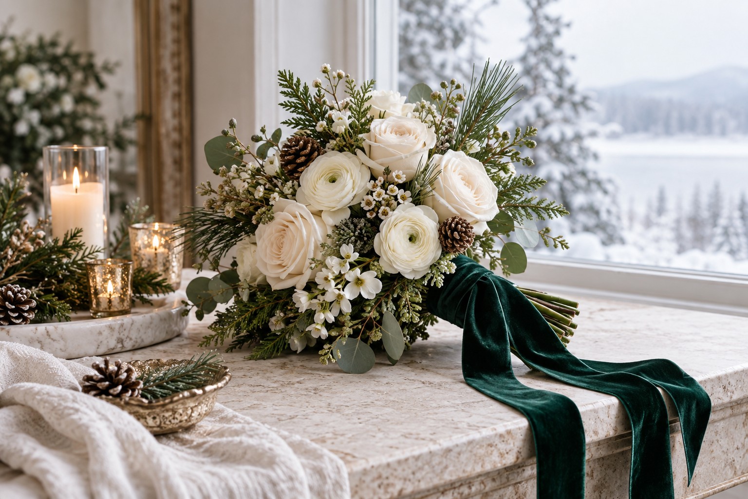 winter bouquet wedding featured still life with ivory roses, ranunculus, pine, cedar, candlelight, and snow