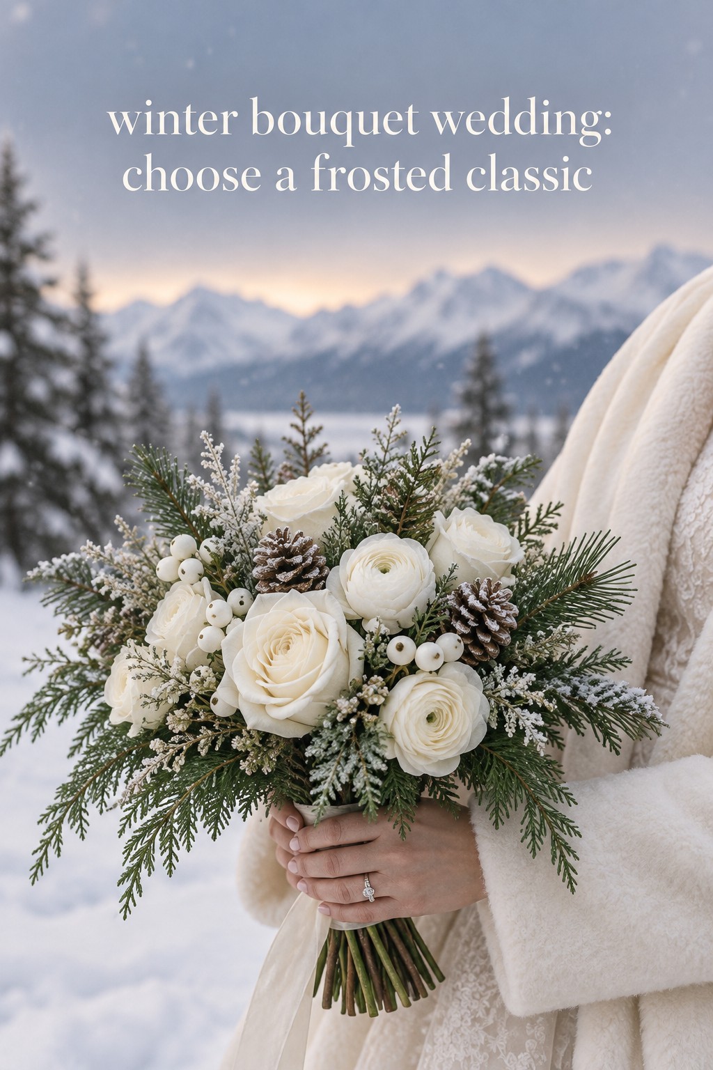 winter bouquet wedding with frosted white roses, ranunculus, pine, cedar, and a snowy mountain backdrop