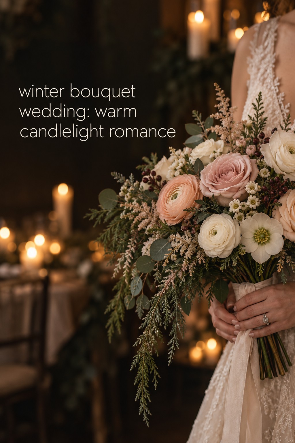 winter bouquet wedding with blush roses, peach ranunculus, cream flowers, and candlelit greenery