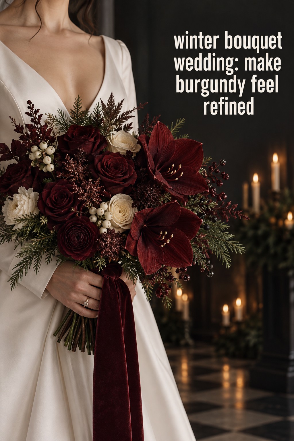 winter bouquet wedding with burgundy roses, amaryllis, cream flowers, evergreen, and velvet ribbon