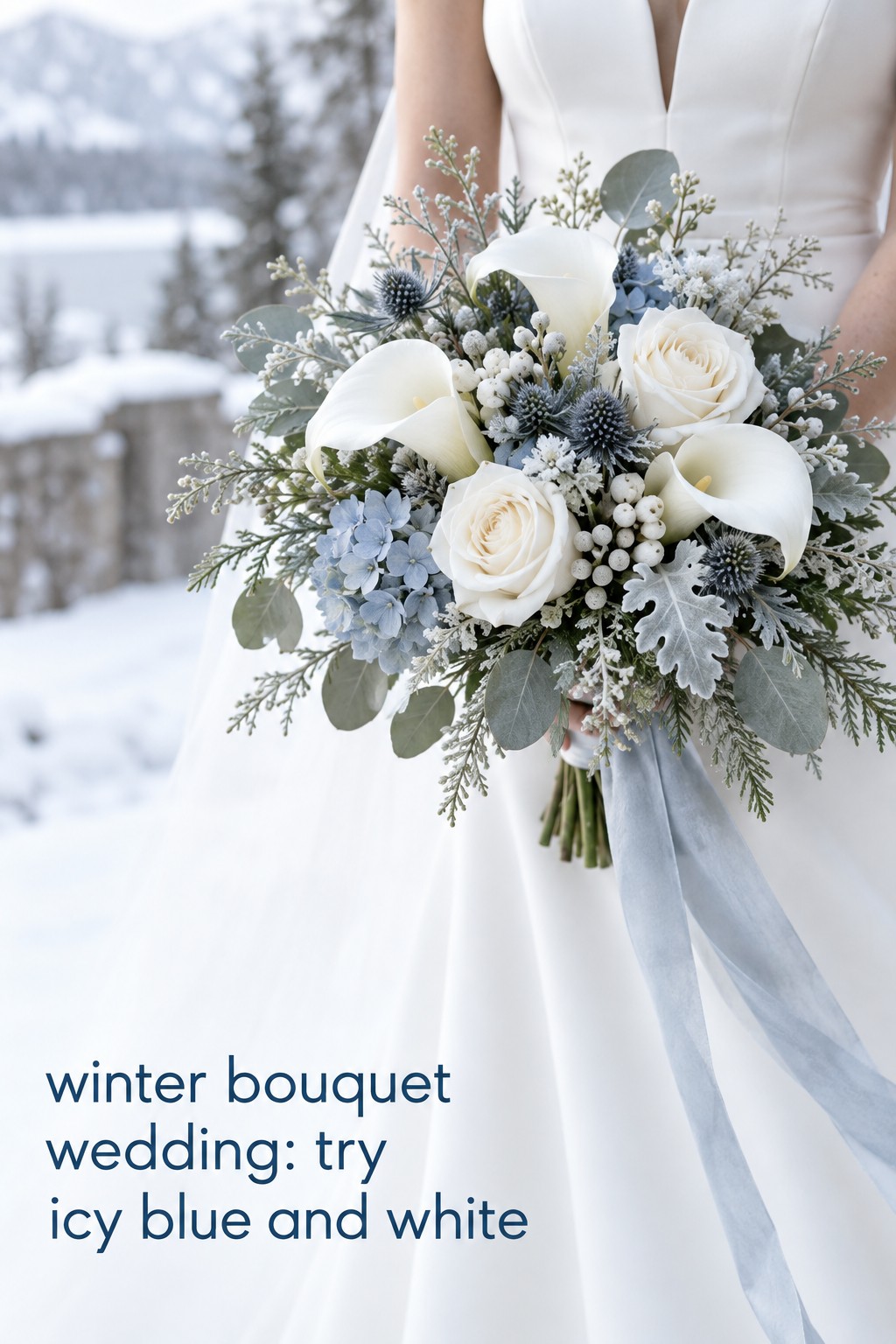 winter bouquet wedding with white calla lilies, roses, icy blue flowers, and silver-green foliage