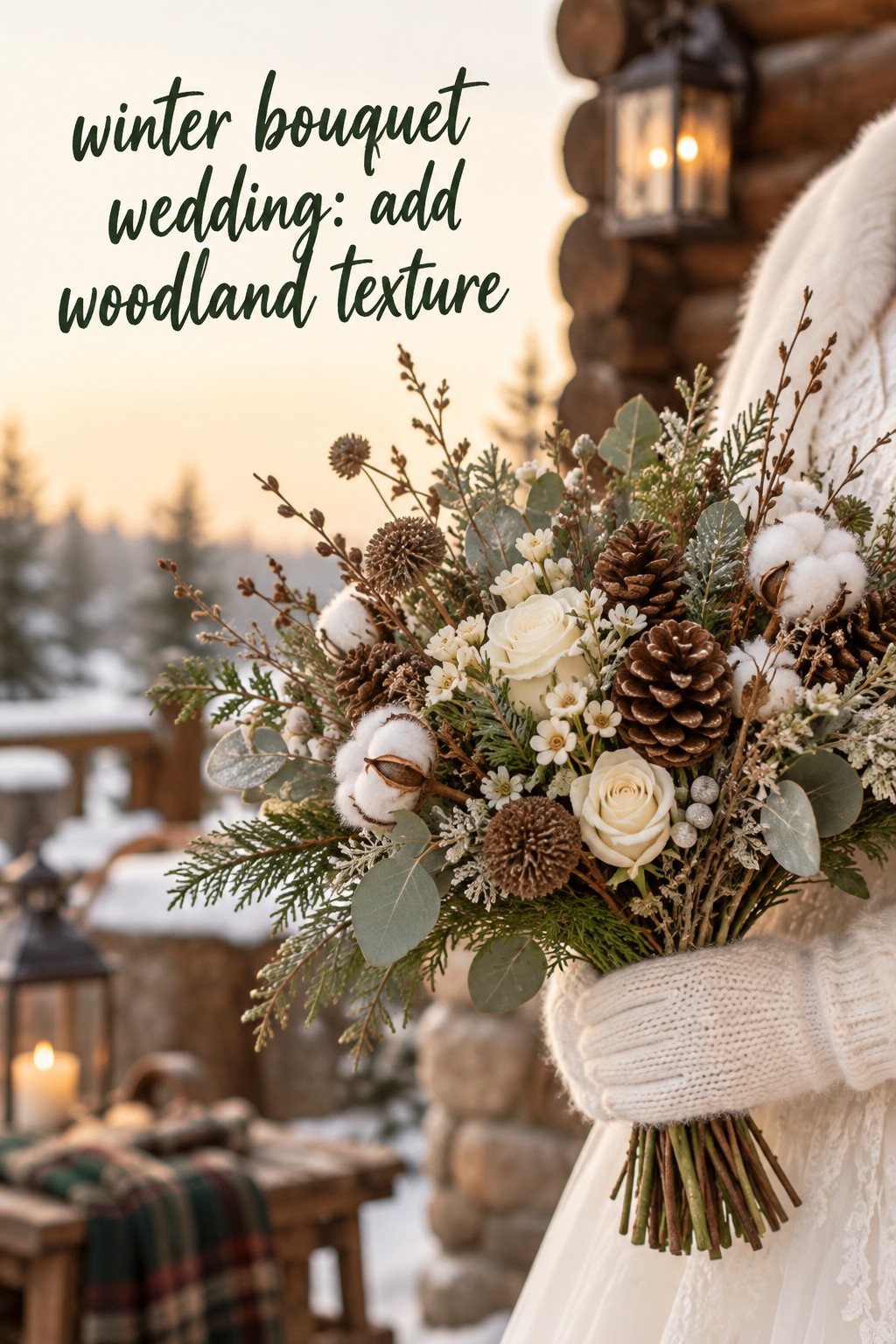 winter bouquet wedding with ivory flowers, pinecones, cotton, branches, dried accents, and greenery