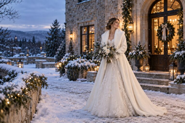 winter bride in an ivory gown and white coat outside a warmly lit snowy venue