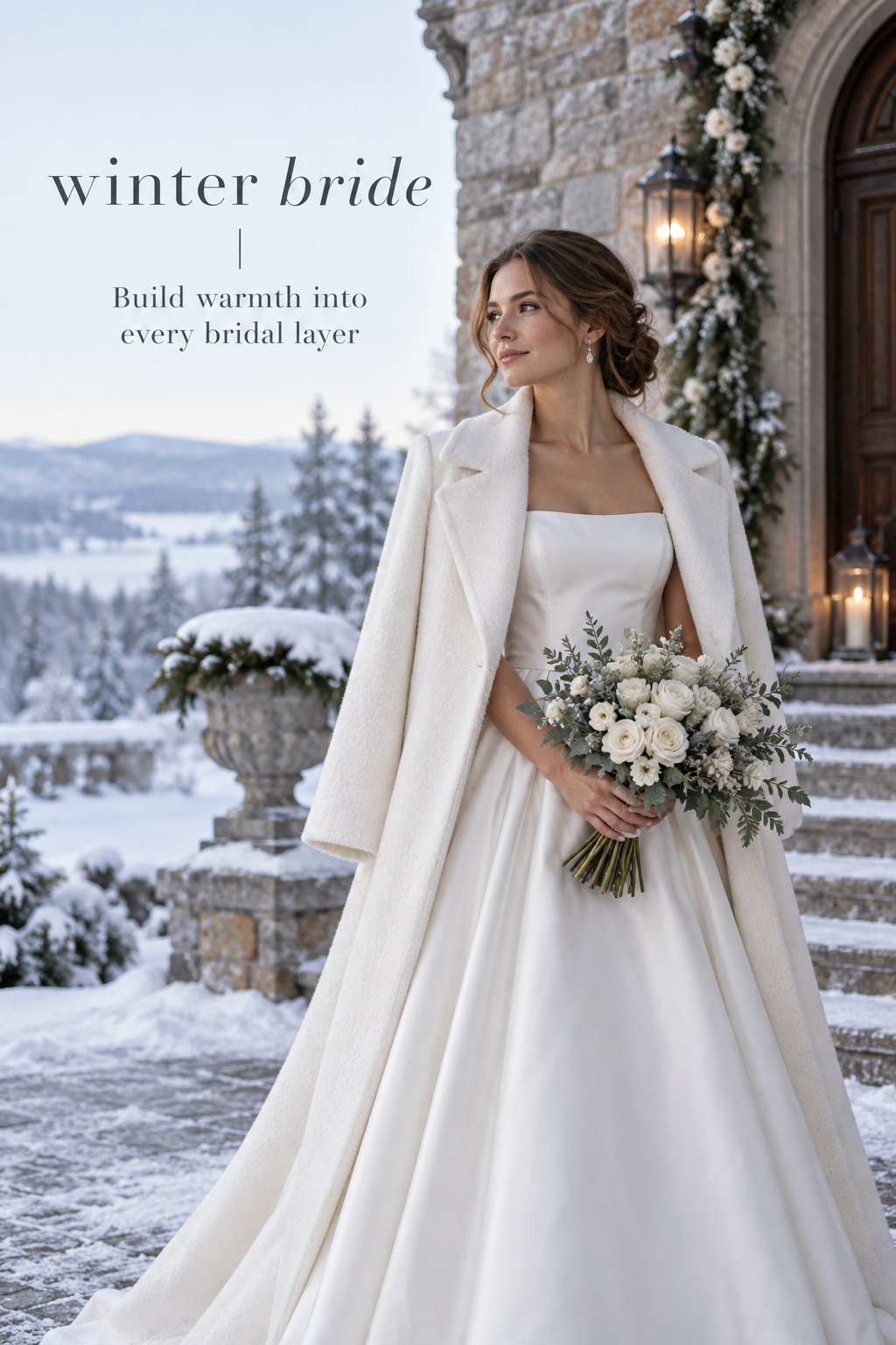 winter bride in a white wool coat outside a snowy wedding venue