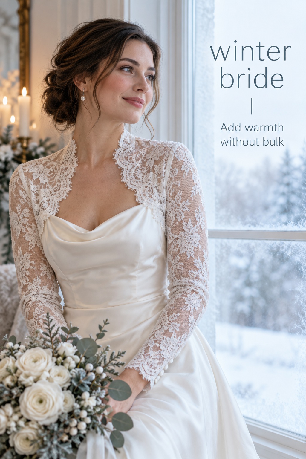 winter bride wearing a lace bolero with an ivory satin gown