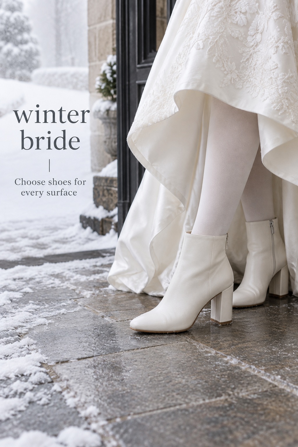winter bride in a cape and white gown during snowy outdoor portraits