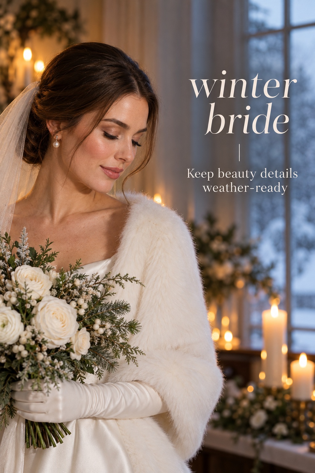 winter bride with a secure updo veil gloves and luminous bridal makeup