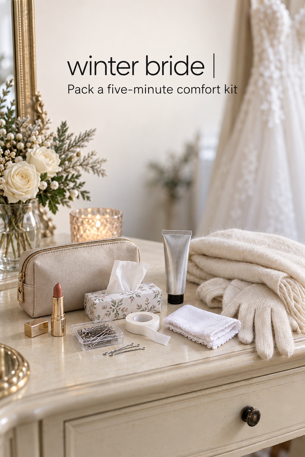 winter bride comfort kit with lip color tissues pins hand cream and wrap