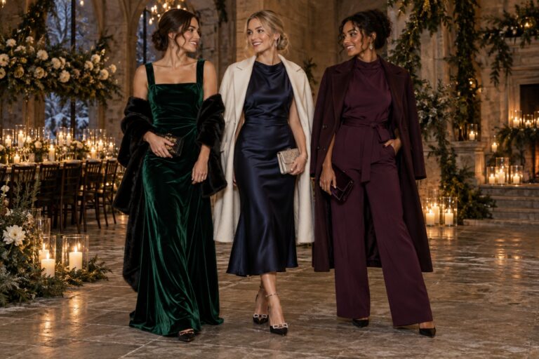 winter formal wedding guest dress outfit comparison in candlelit venue