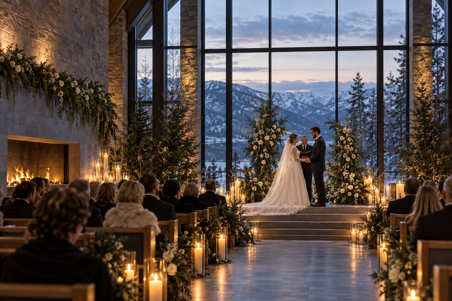 winter wedding ceremony in a candlelit modern venue with mountain views