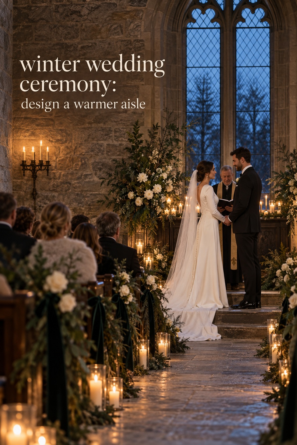 winter wedding ceremony in a stone chapel with candlelit aisle and evergreen flowers