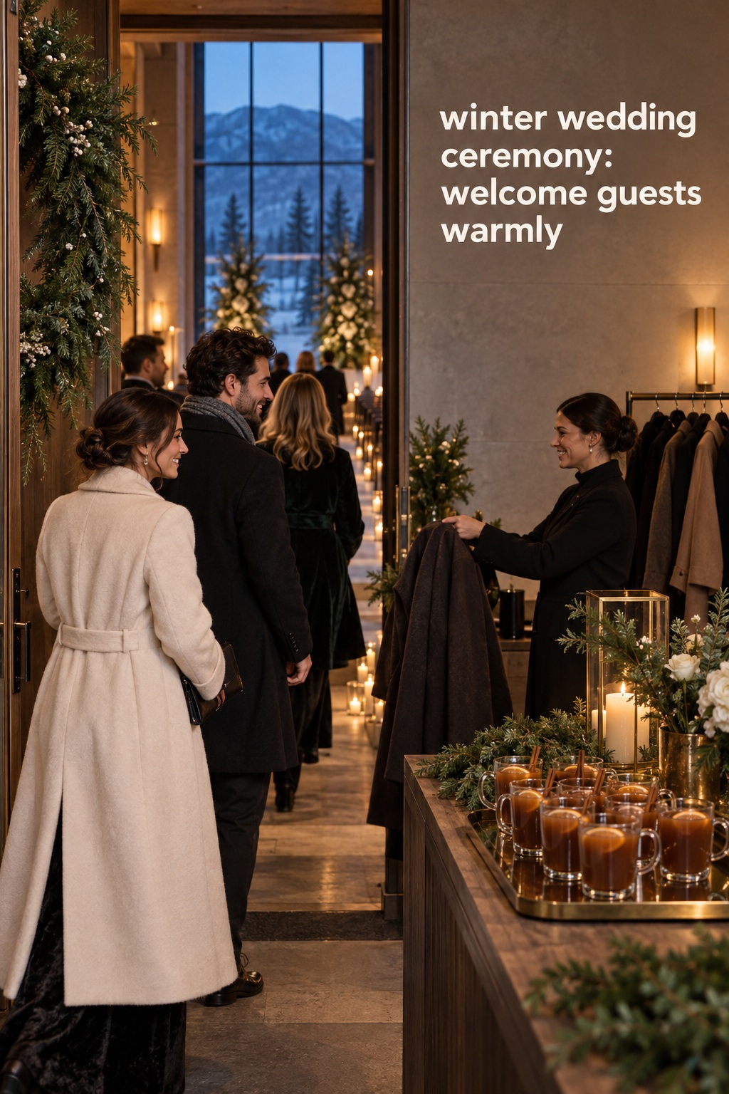 winter wedding ceremony guests entering a warm venue with coat check and hot drinks