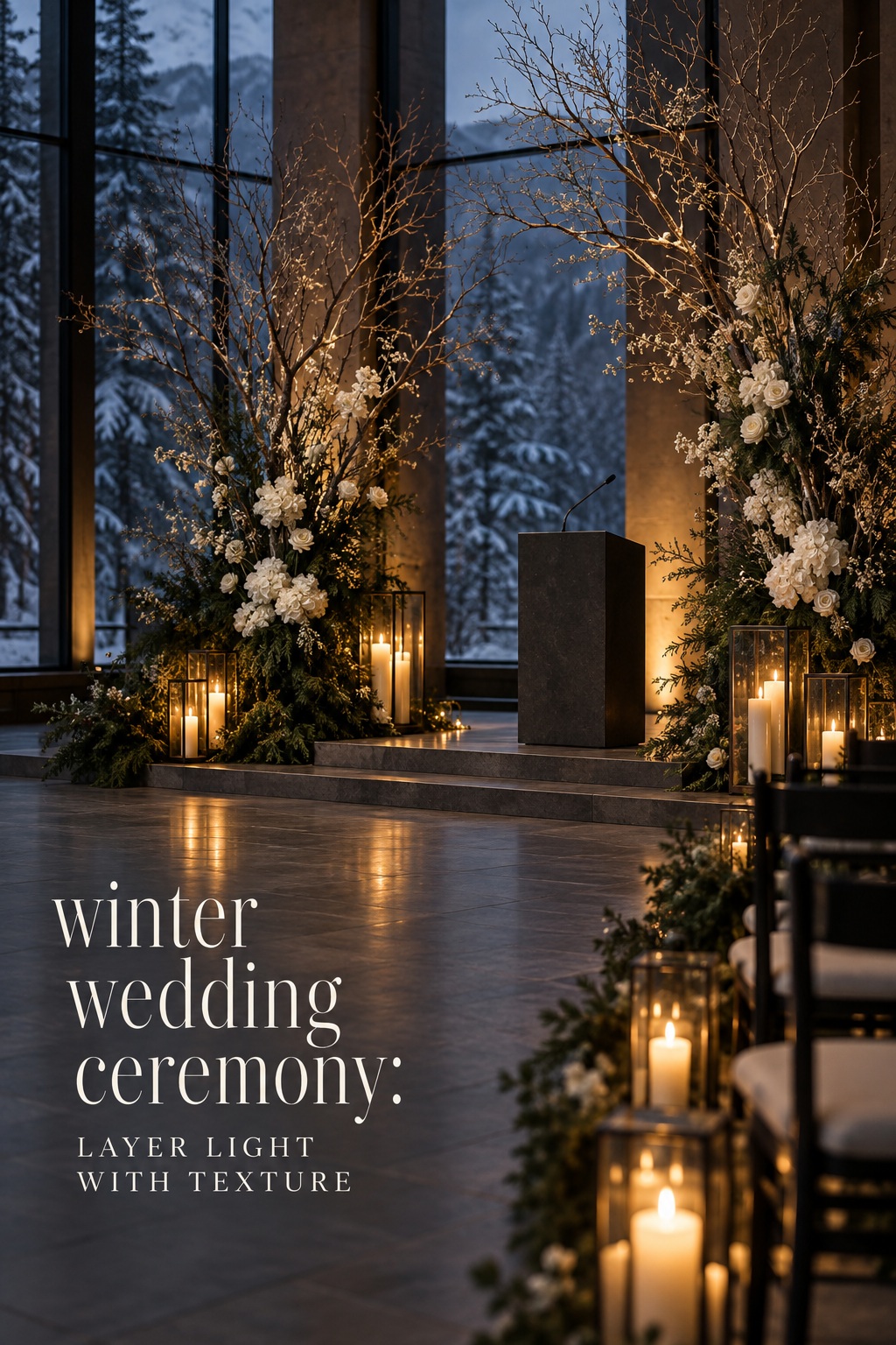winter wedding ceremony altar with evergreen branches candles and layered warm light