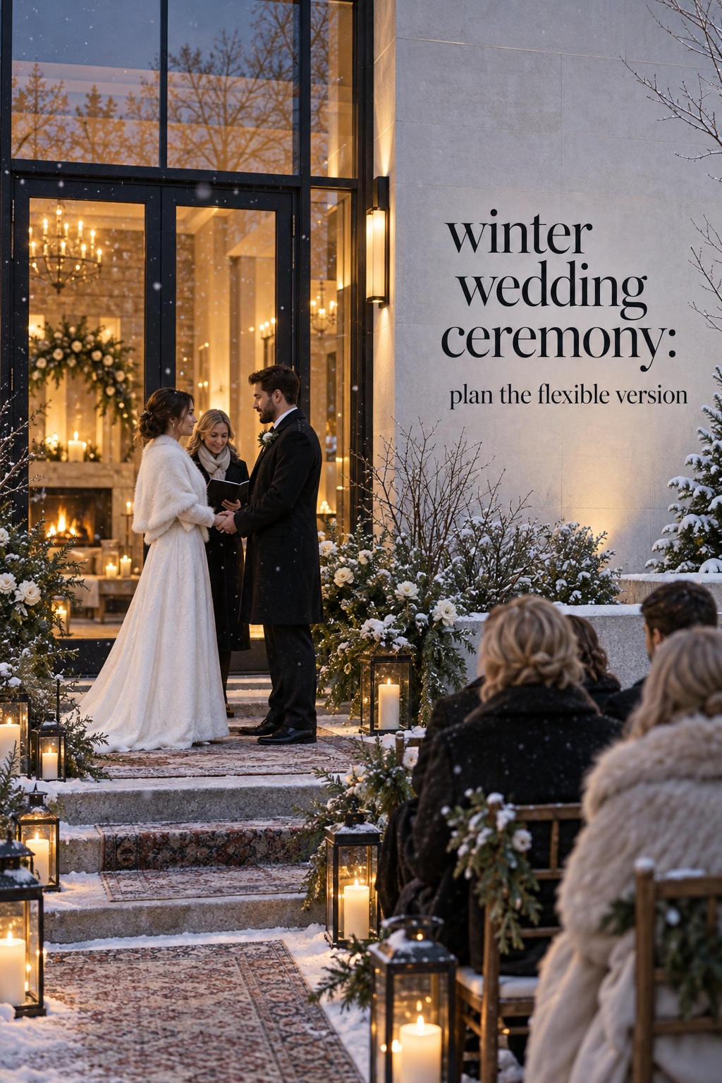 winter wedding ceremony outdoor vows beside warm indoor venue with snow and lanterns