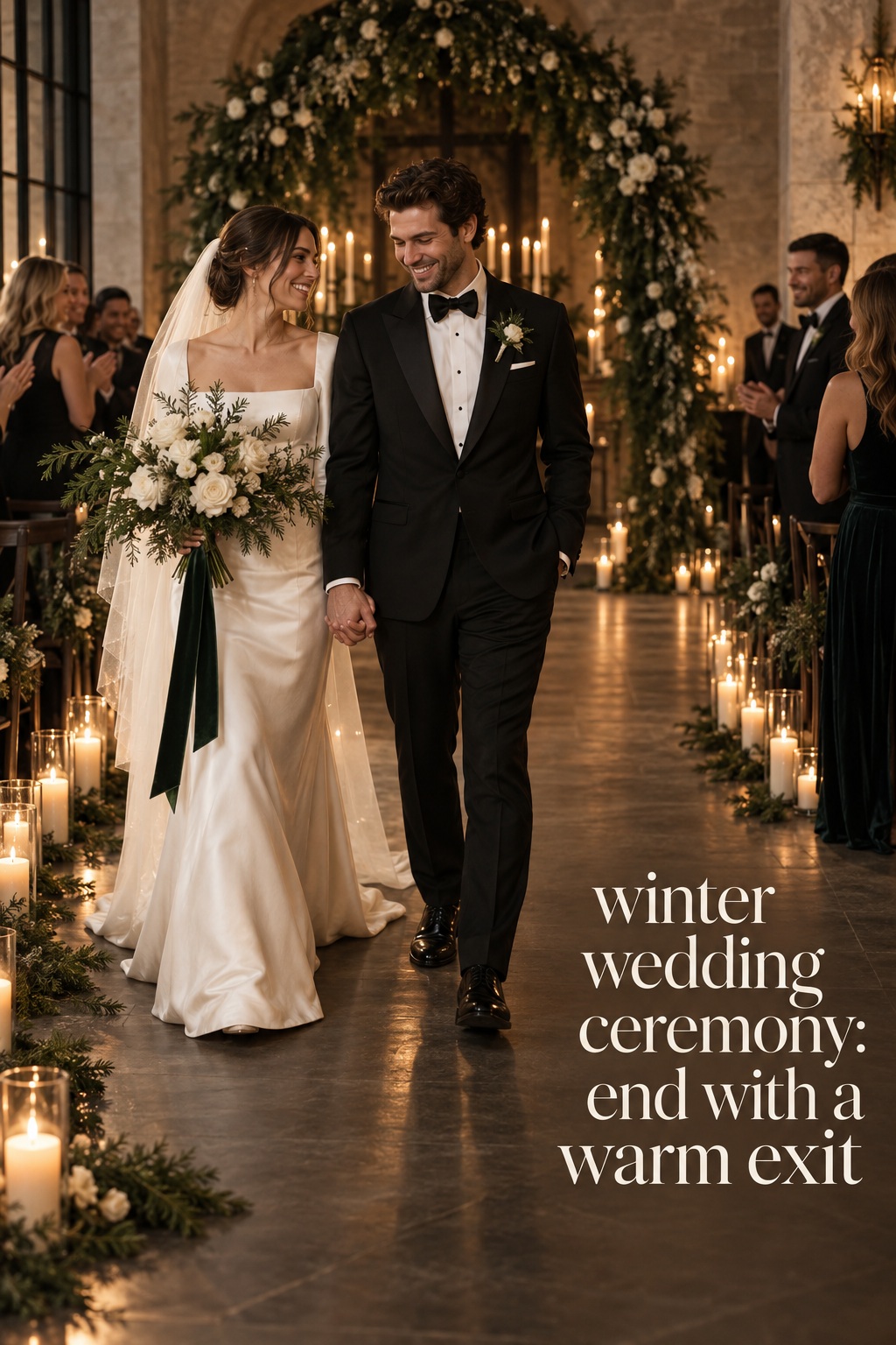 winter wedding ceremony exit with newlyweds walking a candlelit evergreen aisle