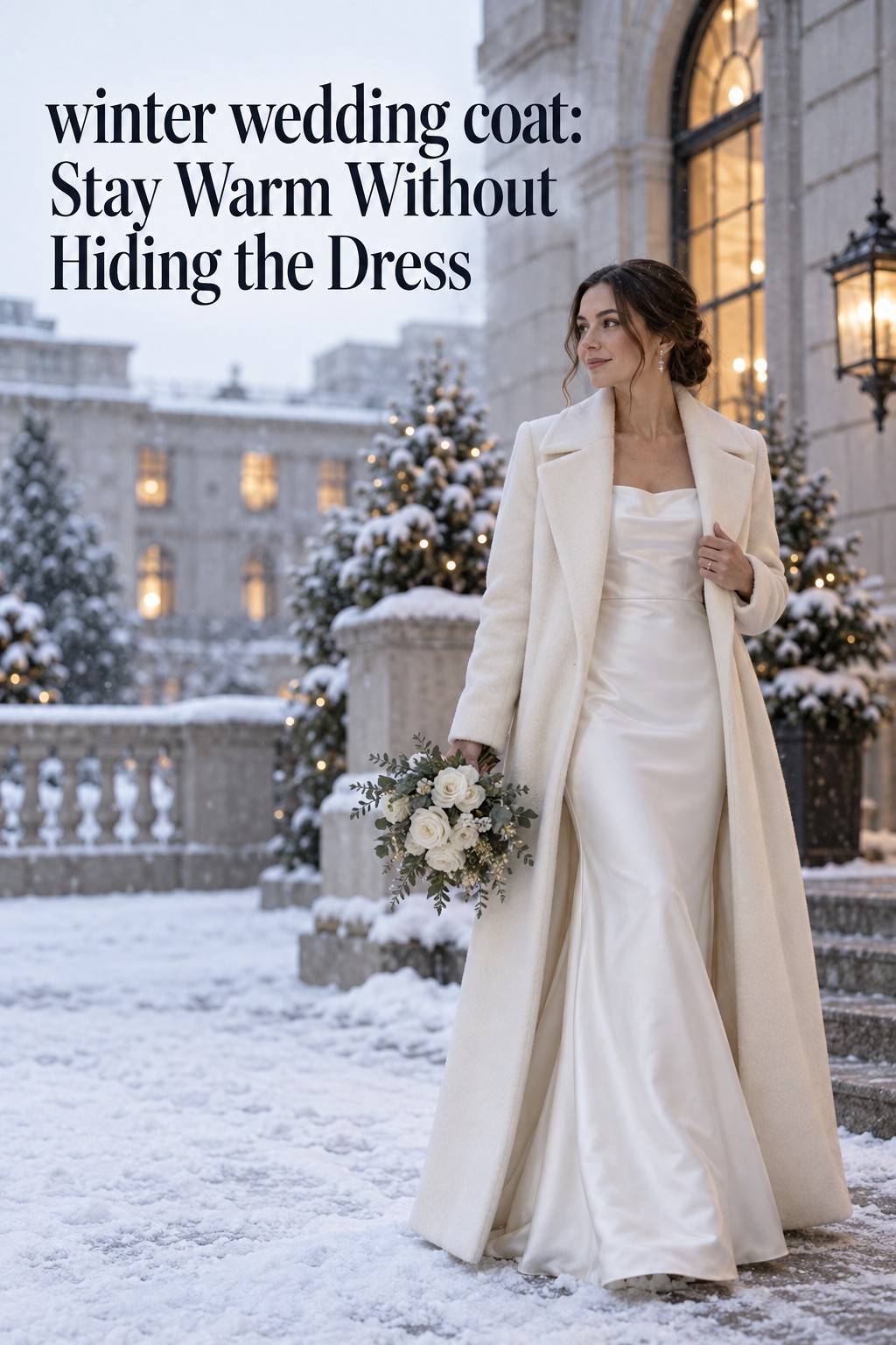 winter wedding coat on a bride in a long ivory wool coat over a satin gown in snowy city light