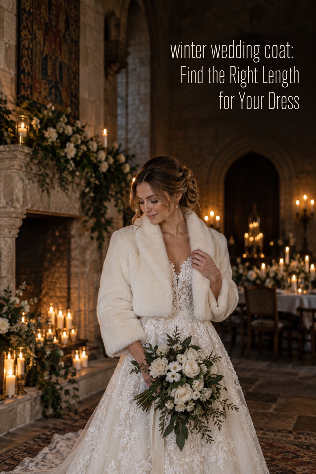 winter wedding coat with cropped ivory faux fur over a lace bridal gown in a candlelit stone venue