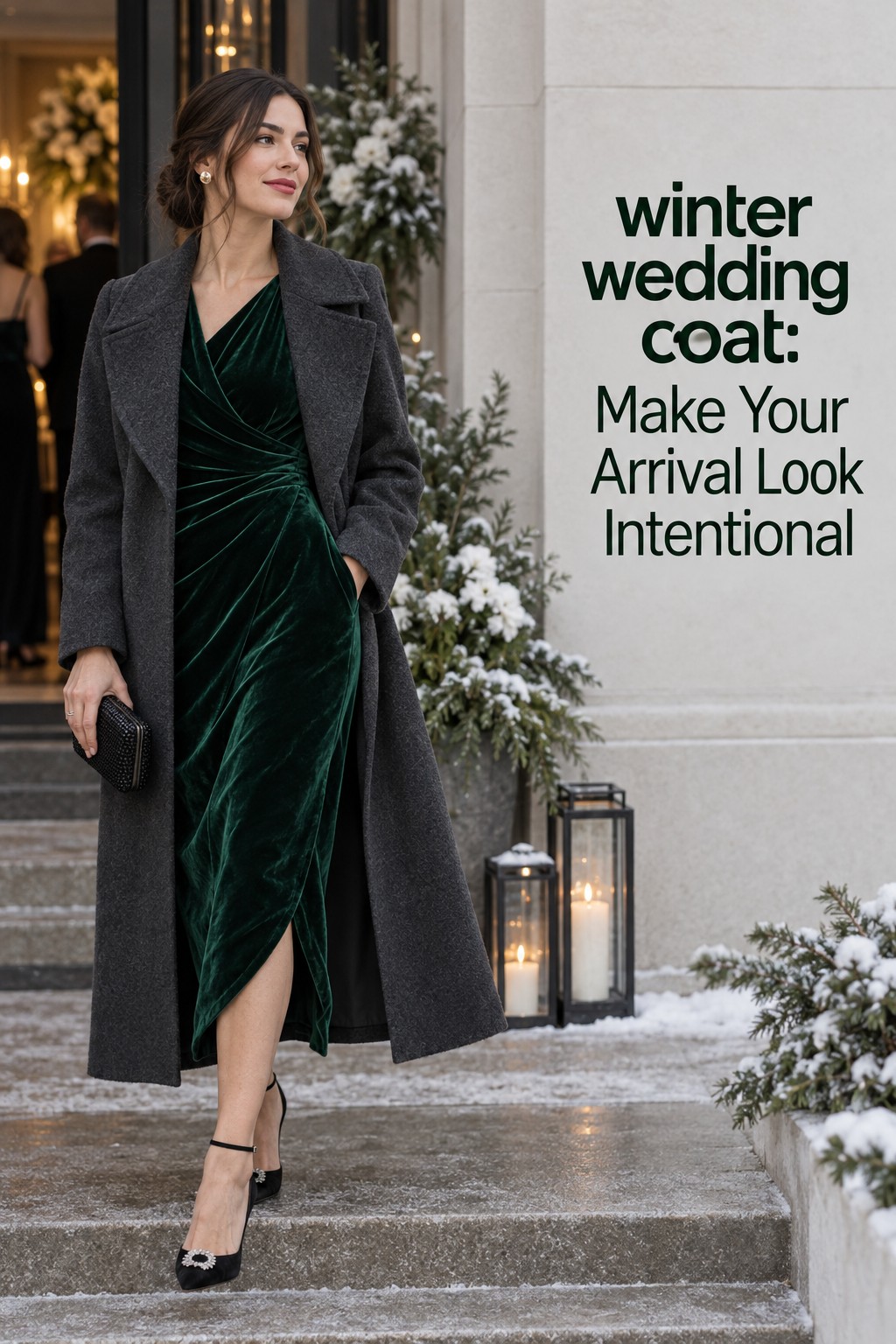 winter wedding coat on a guest in an emerald velvet midi dress at a snowy venue entrance